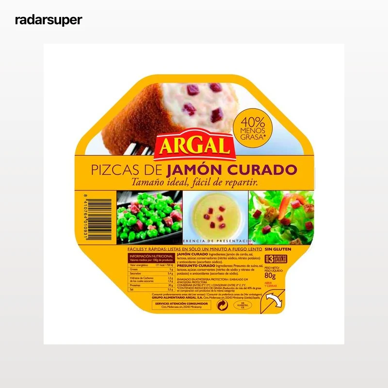 ARGAL Jamón curado cortado en taquitos, sin gluten y con un 40% menos de grasa ARGAL 80 g.