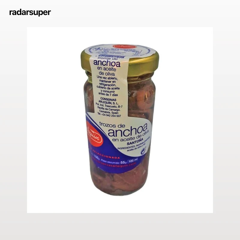 ARLEQUÍN Anchoas en aceite de oliva en trozos, tarro cristal 55 g.