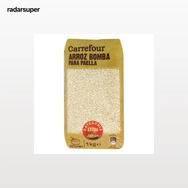 Arroz bomba para paella categoría extra Carrefour 1 kg.