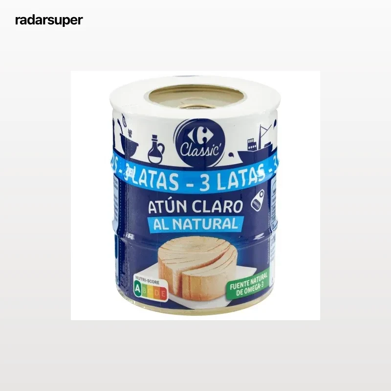 Atún claro al natural Classic Carrefour pack de 3 latas de 112 g.