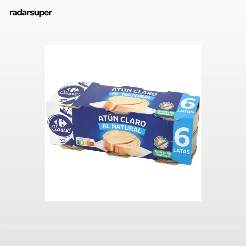Atún claro al natural Classic Carrefour pack de 6 latas de 56 g.