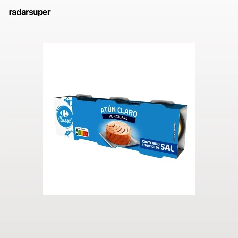 Atún claro al natural contenido reducido en sal Classic Carrefour pack de 3 latas de 56 g.