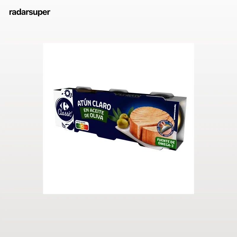 Atún claro en aceite de oliva Classic Carrefour pack de 3 latas de 52 g.