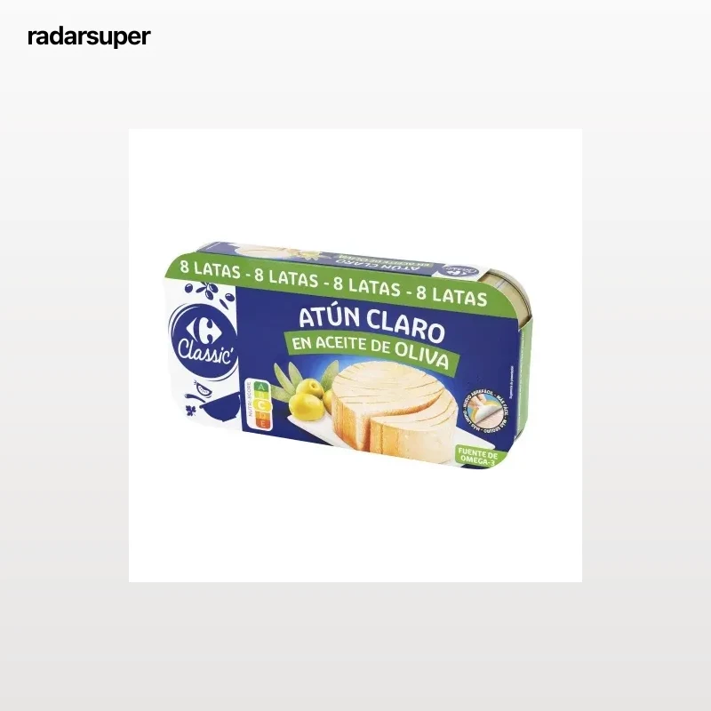 Atún claro en aceite de oliva Classic Carrefour pack de 8 latas de 52 g.