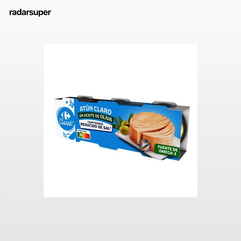 Atún claro en aceite de oliva contenido reducido de sal Classic Carrefour pack de 3 latas de 52 g.