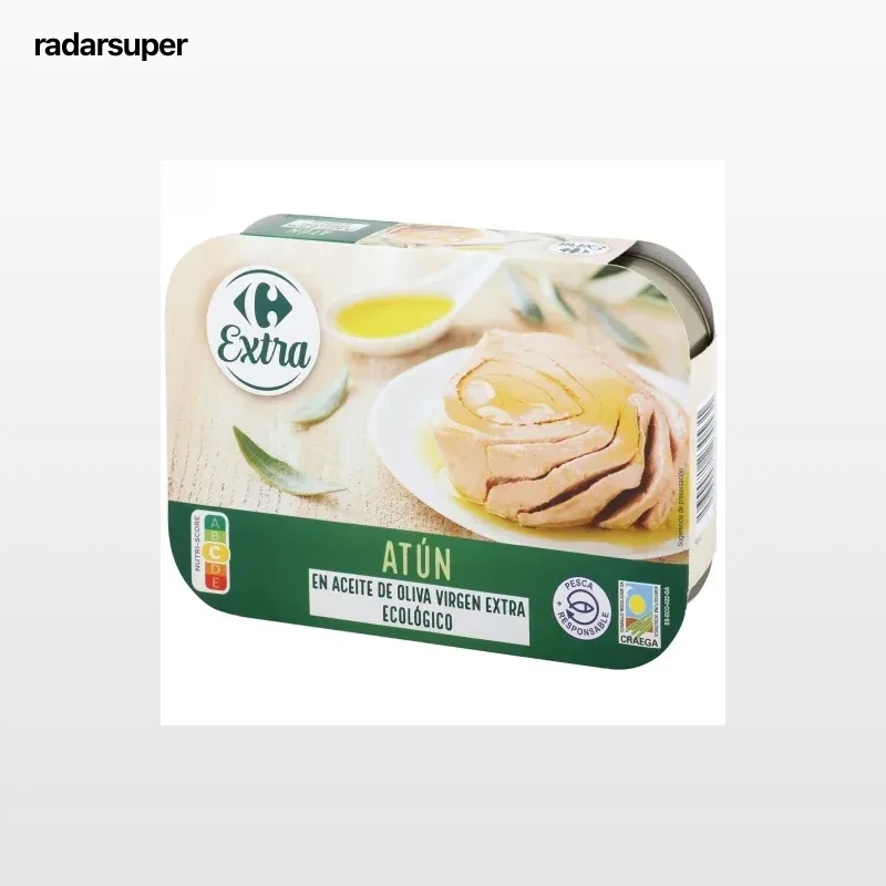 Atún en aceite de oliva virgen extra ecológico Carrefour pack de 6 latas de 52 g.