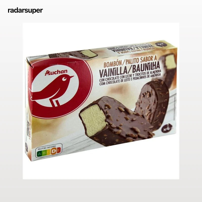AUCHAN Bombón almendrado de vainilla recubierto de chocolate con leche 4 x 120 ml. Producto Alcampo