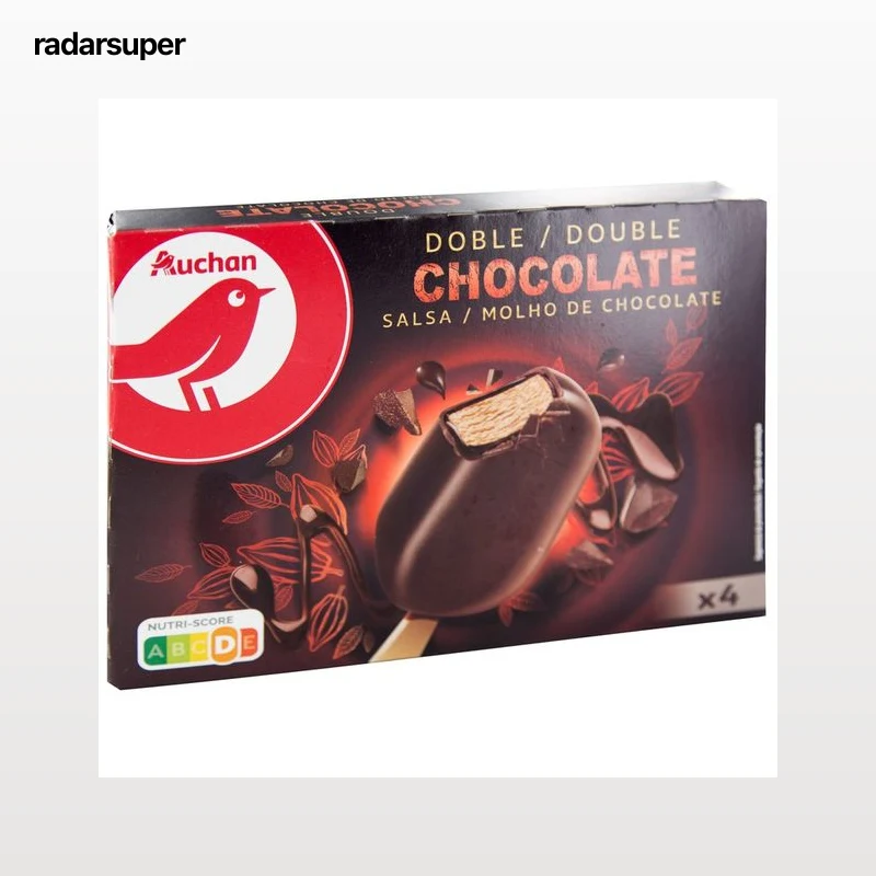 AUCHAN Bombon helado de chocolate con salsa de chocolate, recubierto de chocolate doble 4 x 100 ml. Producto Alcampo