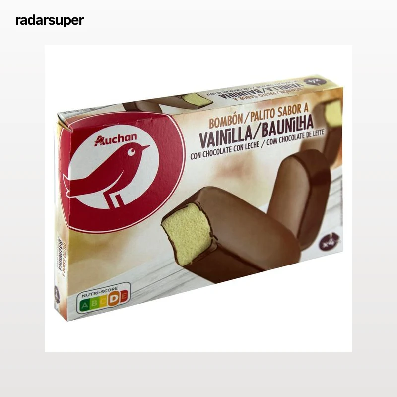 AUCHAN Bombón helado de vainilla recubierto de chocolate con leche 4 x 120 ml. Producto Alcampo