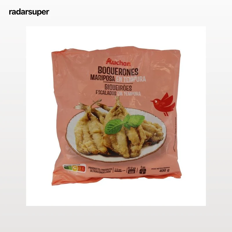 AUCHAN Boquerones abiertos en mariposa limpios y sin espinas recubiertos de una fina capa de tempura muy crujiente 400 g. Producto Alcampo