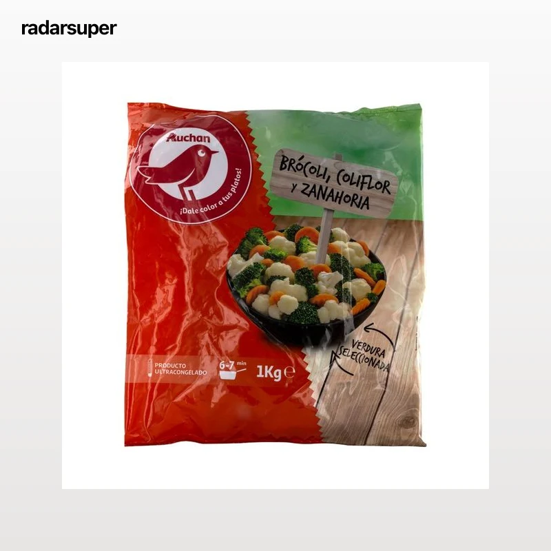 AUCHAN Brócolí, coliflor y zanahorias, limpias, troceadas y ultracongeladas 1 kg. Producto Alcampo