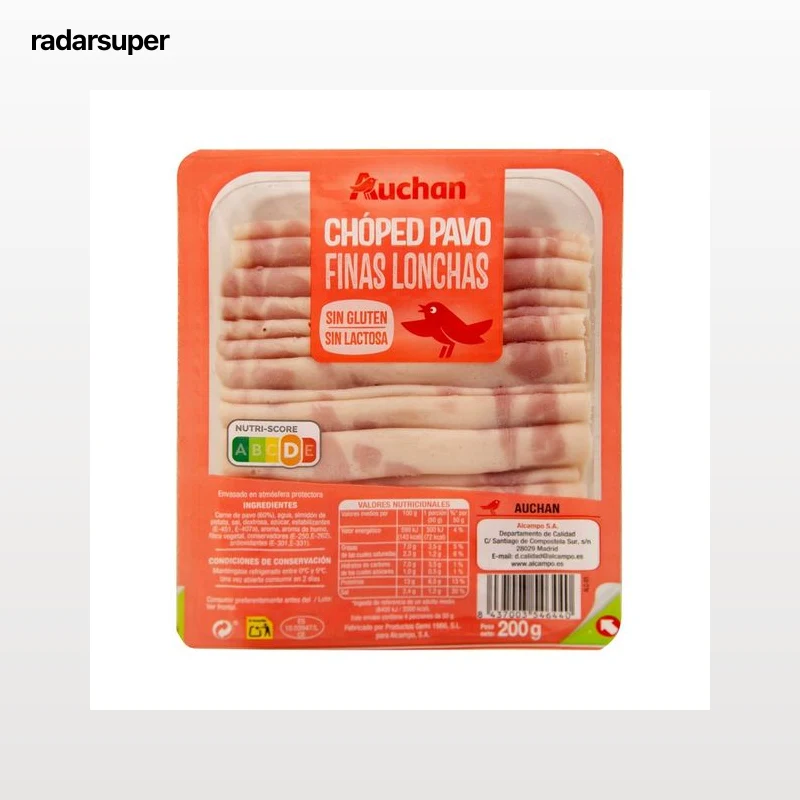 AUCHAN Chopped de pavo sin gluten y sin lactosa, cortado en finas lonchas 200 g. Producto Alcampo