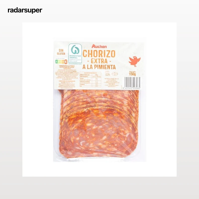 AUCHAN Chorizo a la pimienta de categoria extra, sin gluten y cortado en lonchas 150 g. Producto Alcampo