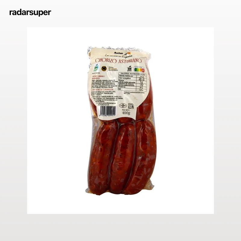 AUCHAN La cocina de España Chorizos Asturianos (ahumados), elaborados sin gluten 400 g. Producto Alcampo