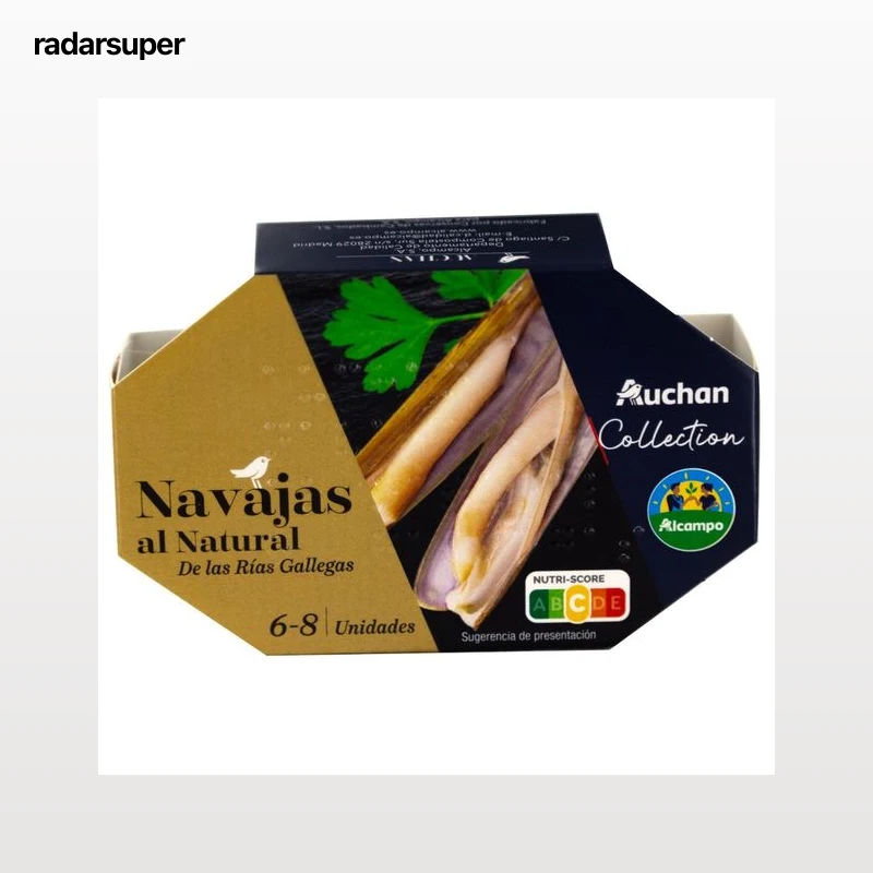 AUCHAN COLLECTION Navajas al natural (6 - 8) de las  Rías Gallegas lata 63 g. Producto alcampo