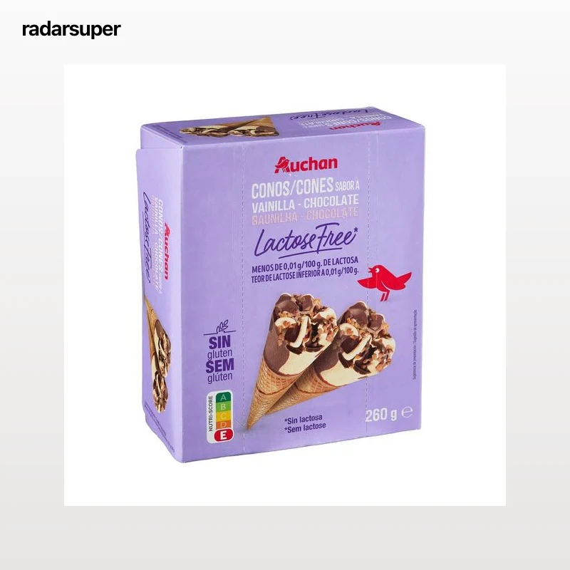 AUCHAN Conos de helado de nata y chocolate, sin gluten y sin lactosa 4 x 120 ml Producto Alcampo.