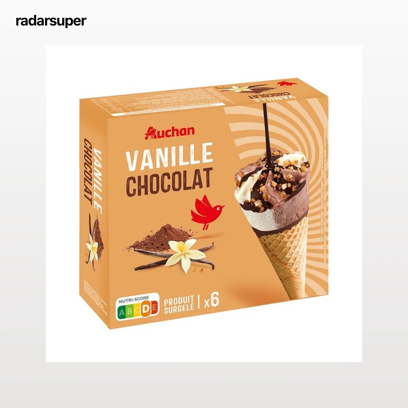 AUCHAN Conos de helado de vainilla y chocolate con trocitos de almendra caramelizada 6 x 120 ml. Producto Alcampo