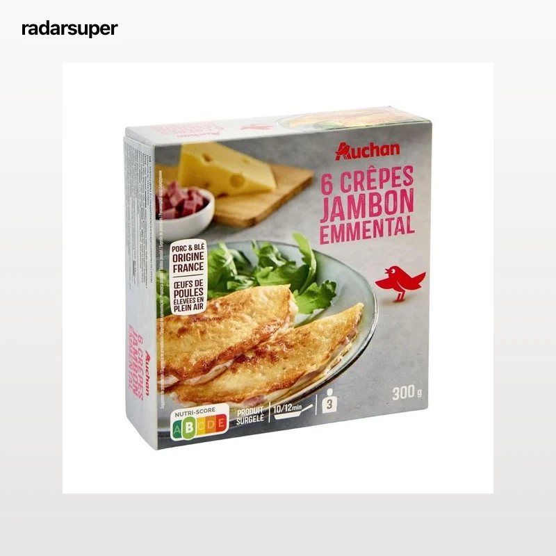AUCHAN Crepes rellenos de jamón cocido y queso Emmental 6 uds Producto Alcampo.