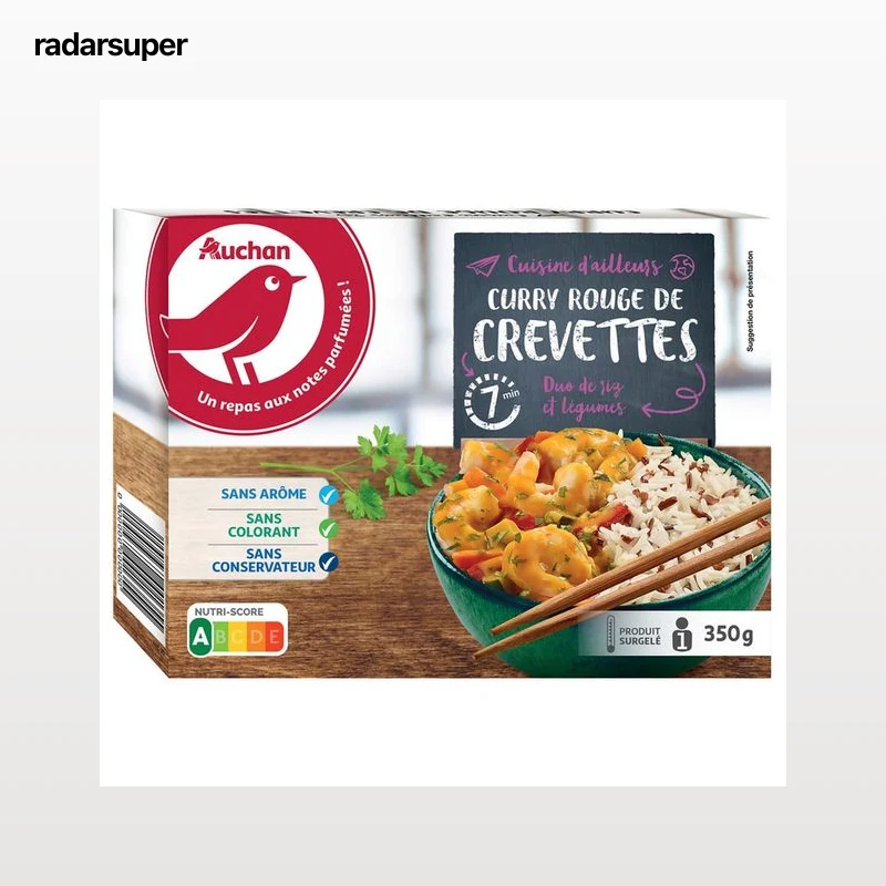 AUCHAN Dúo de curry de camarones rojos y arroz con verduras 350 g Producto Alcampo. Arroz basmati y rojo cocidos, con verduras, camarones pelados y curry rojo 350 g.
