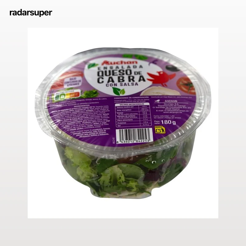 AUCHAN Ensalada queso de cabra con vinagreta, tomate, picatostes y aceitunas negras 180 g. Producto Alcampo