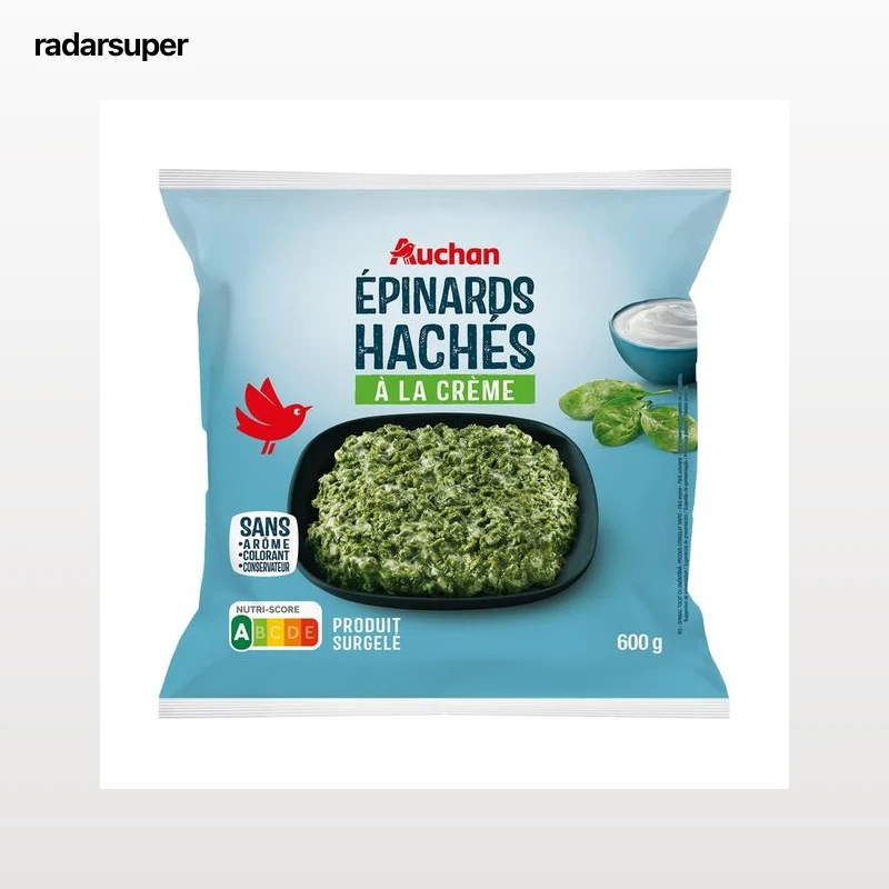 AUCHAN Espinacas en hojas con nata, en prociones ultracongeladas 600 Producto Alcampo.
