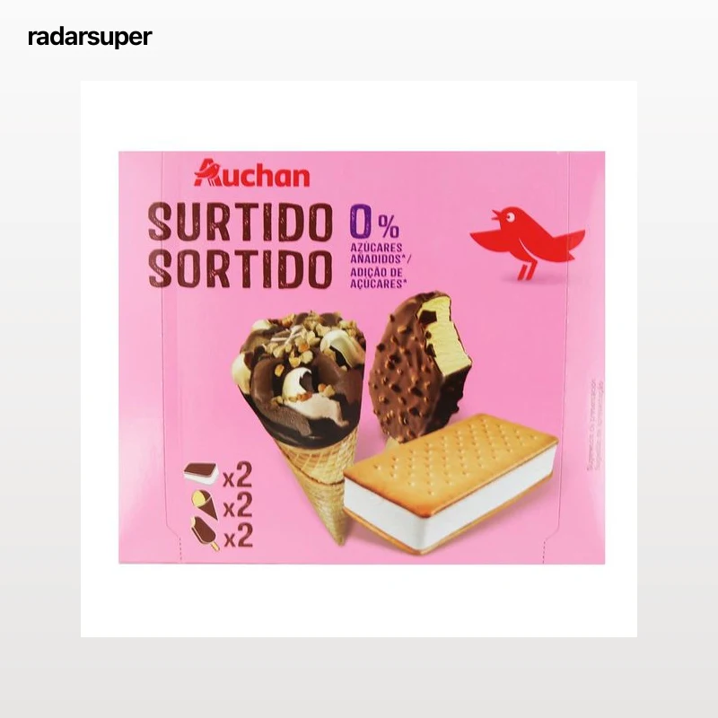 AUCHAN Helado de 3 tipos diferentes, todos ellos sin azucares añadidos 6 uds. Producto Alcampo.