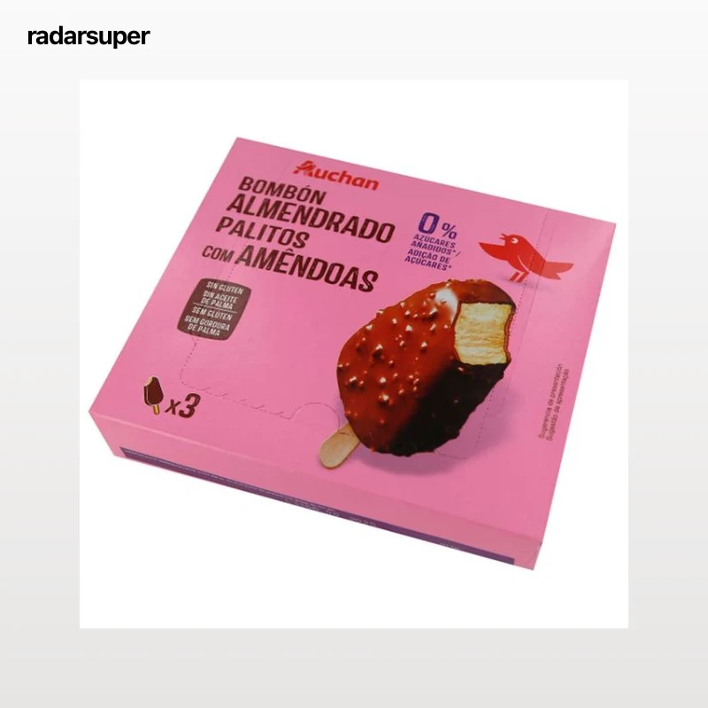 AUCHAN Helado bombón almendrado de vainilla, sin gluten ni azucares añadidos 3 x 110 ml. Producto Alcampo