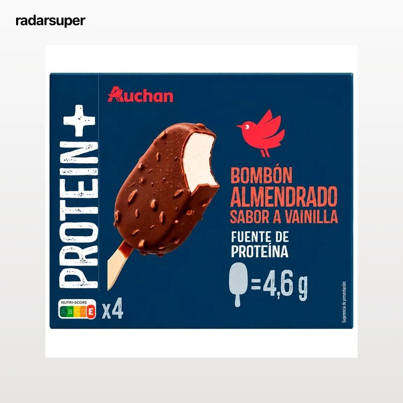 AUCHAN Helado mini bombón sabor a vainilla con cobertura de chocolate con leche y almendras 4 x 70 ml Producto Alcampo.