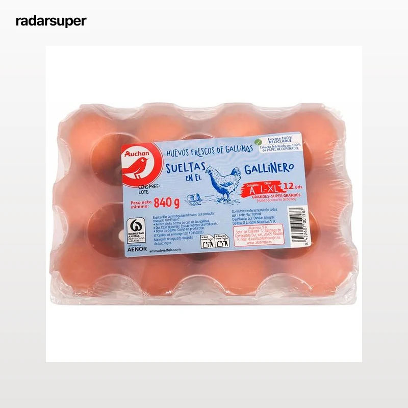 AUCHAN Huevos de gallinas sueltas en el gallinero categoría A y clase L-XL 12 uds. Producto Alcampo.