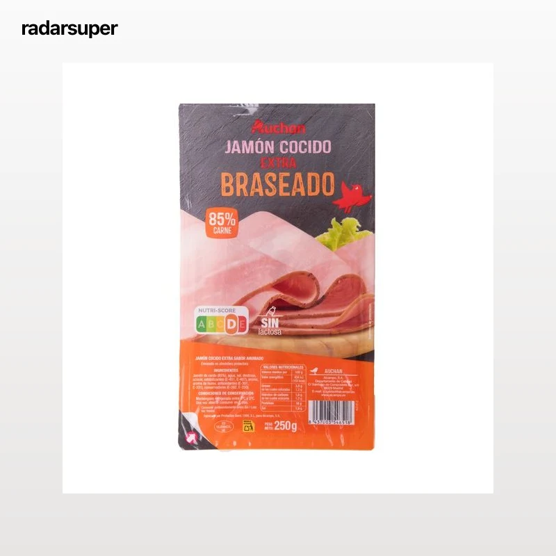 AUCHAN Jamón cocido braseado extra, sin lactosa, cortado en lonchas 250 g. Producto Alcampo