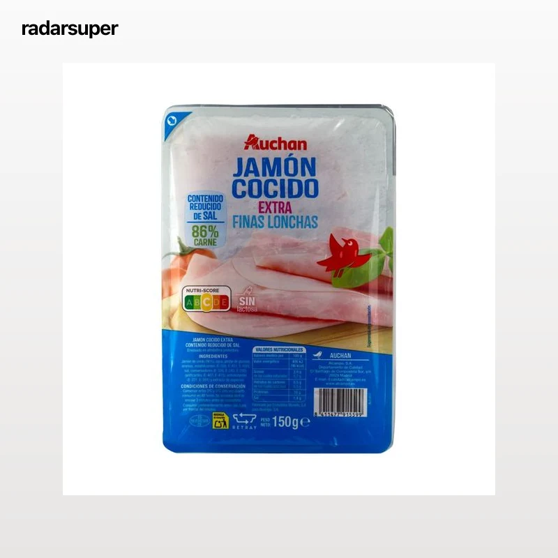 AUCHAN Jamón cocido extra, con contenido reducido en sal,  cortado en finas lonchas 150 g. Producto Alcampo.