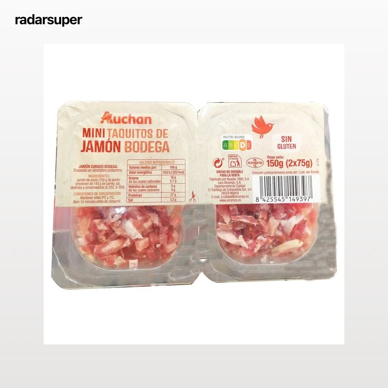 AUCHAN Jamón curado en bodega, cortado en mini taquitos 2 x 75 g. Producto Alcampo