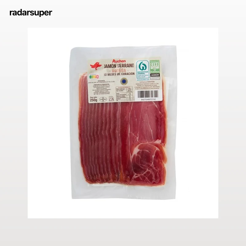 AUCHAN Jamón serrano bodega (10 meses de curación) cortado en lonchas 250 g. Producto Alcampo