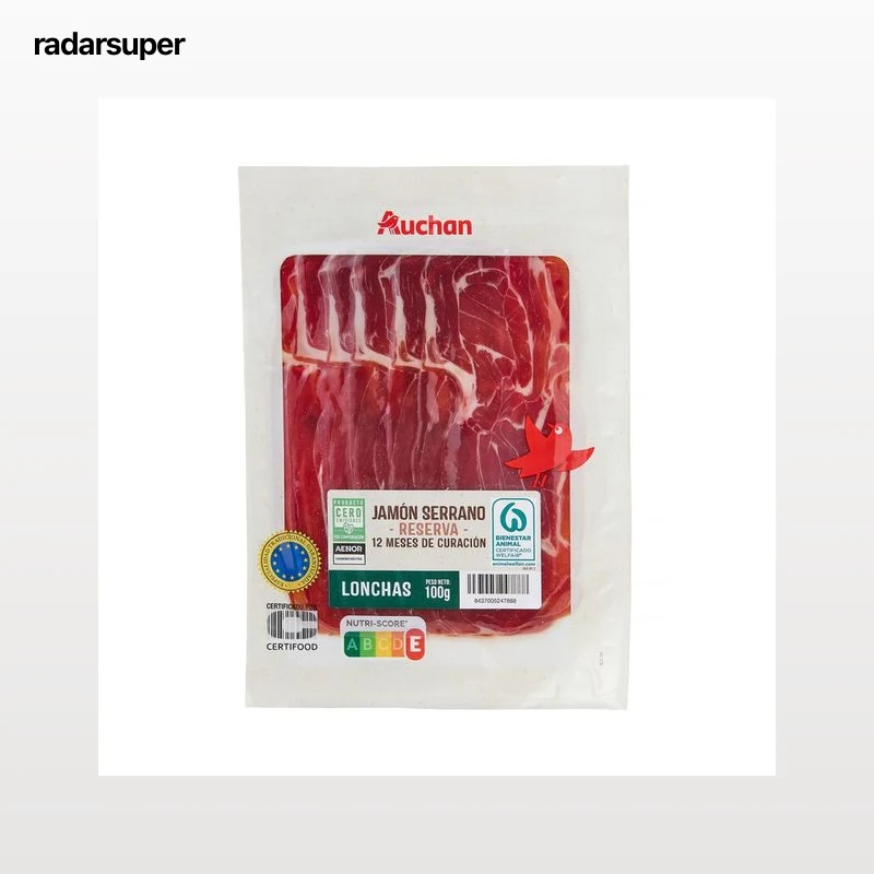 AUCHAN Jamón serrano reserva (curación mínima de 12 meses) cortado en lonchas 100 g. Producto Alcampo