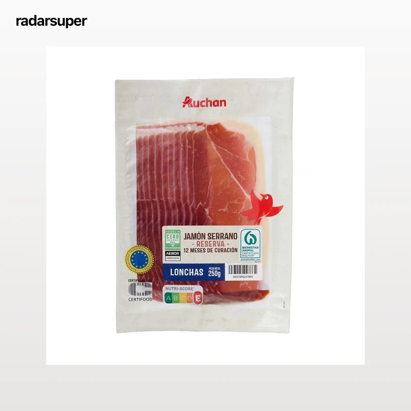 AUCHAN Jamón serrano reserva (curación mínima de 12 meses) cortado en lonchas 250 g. Producto Alcampo