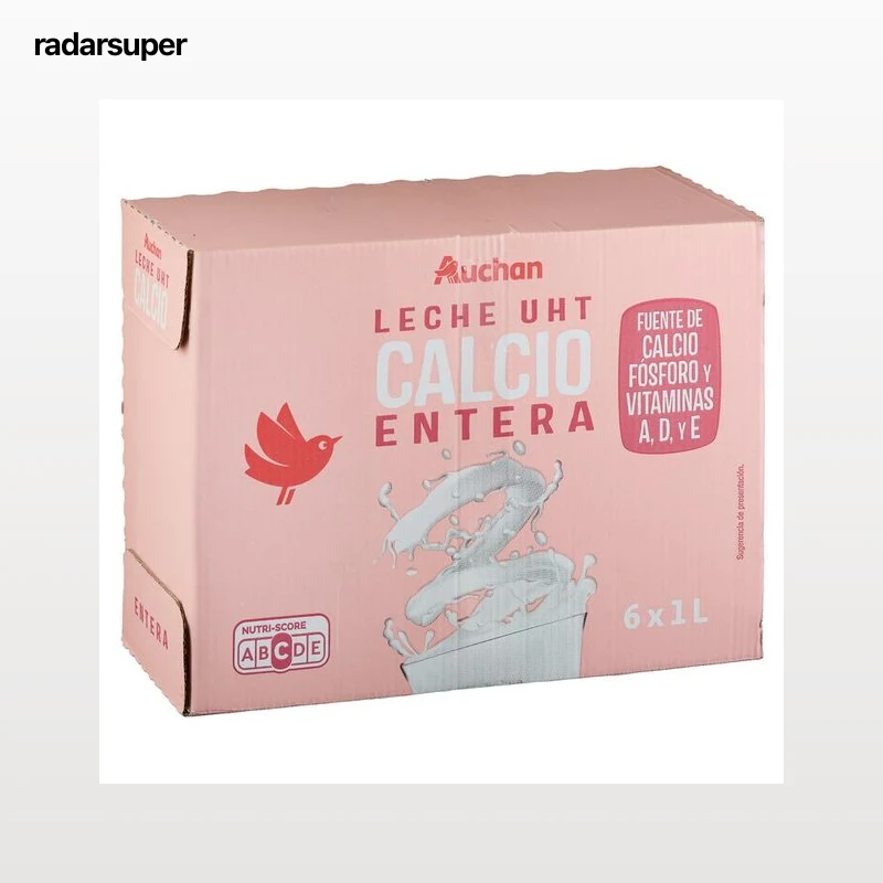 AUCHAN Leche entera de vaca, enriquecida con calcio 6 x 1 l Producto Alcampo.