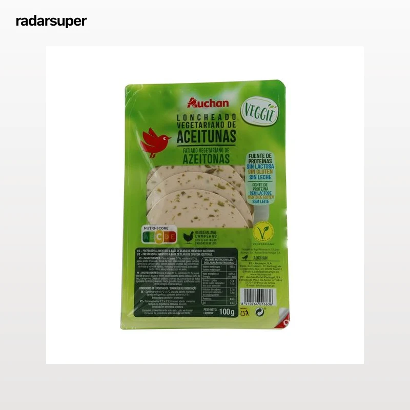 AUCHAN Loncheado vegetariano a base de clara de huevo con aceitunas Veggie 100 g. Producto Alcampo