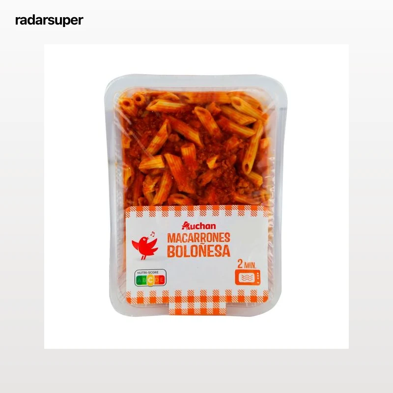 AUCHAN Macarrones con salsa Boloñesa, listos para calentar y comer 280 g. Producto Alcampo