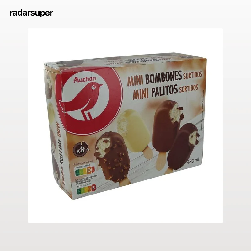 AUCHAN Minibombón helado de chocolate blanco, con leche, negro y almendrado 8 x 60 ml. Producto Alcampo