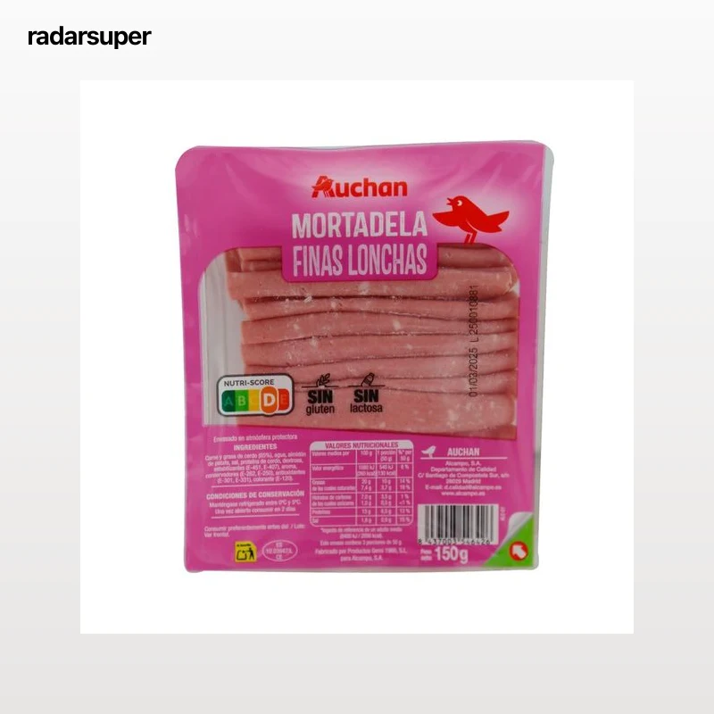 AUCHAN Mortadela sin gluten y sin lactosa, cortada en finas lonchas 150 g. Producto Alcampo