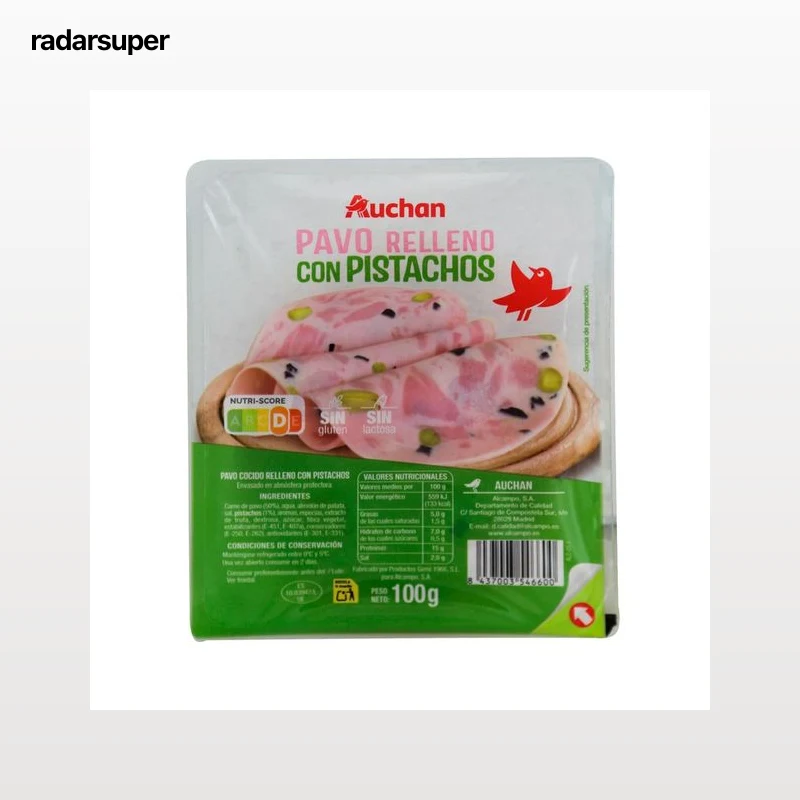 AUCHAN Pavo cocido relleno con pistachos, sin gluten y sin lactosa 100 g. Producto Alcampo