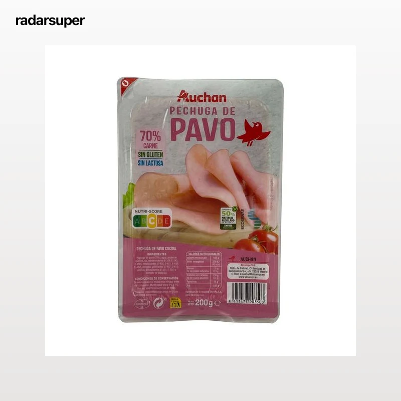 AUCHAN Pechuga cocida de pavo, sin gluten y sin lactosa y cortadas en lonchas 200 g. Producto Alcampo