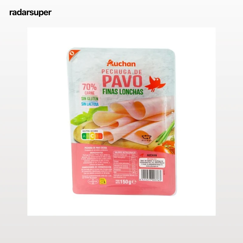 AUCHAN Pechuga de pavo (70% carne) cocida y cortada en finas lonchas 150 g. Producto Alcampo