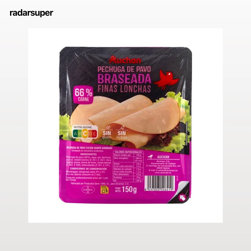 AUCHAN Pechuga de pavo braseada cortada en lonchas finas 150 g. Producto Alcampo