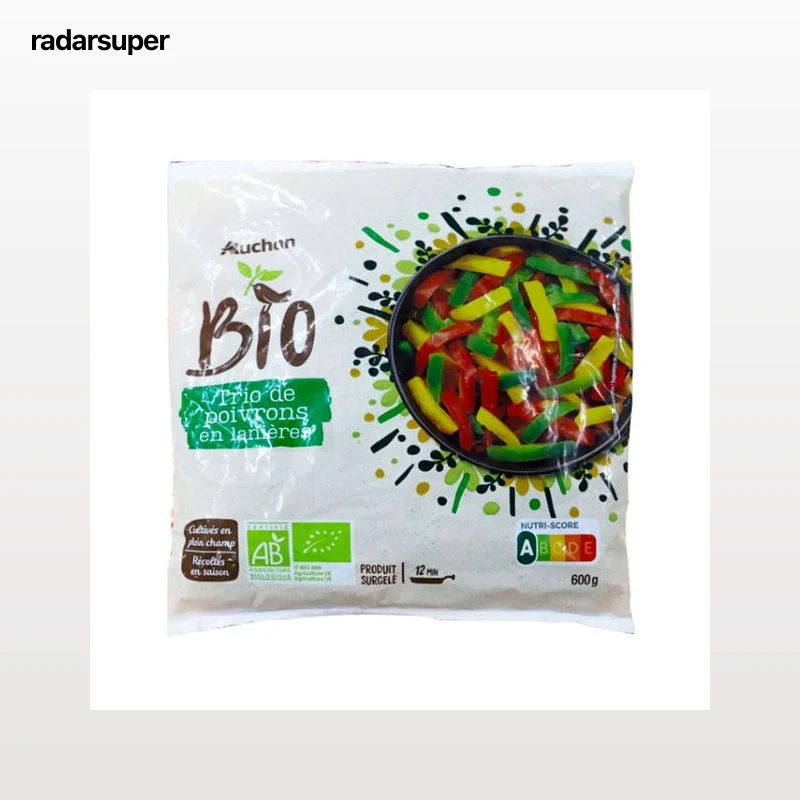 AUCHAN Pimientos (verde, rojo y amarillo) cortados en tiras 600 g. Producto Alcampo