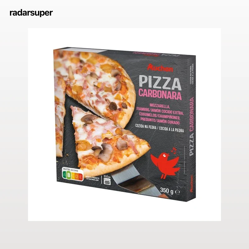 AUCHAN Pizza carbonara (jamón cocido extra, champiñones y jamón curado) cocida a la piedra 350 g. Producto Alcampo
