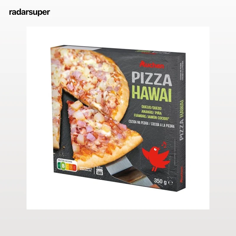 AUCHAN Pizza congelada Hawai (queso, piña y jamón cocido), cocida a la piedra 350 g. Producto Alcampo