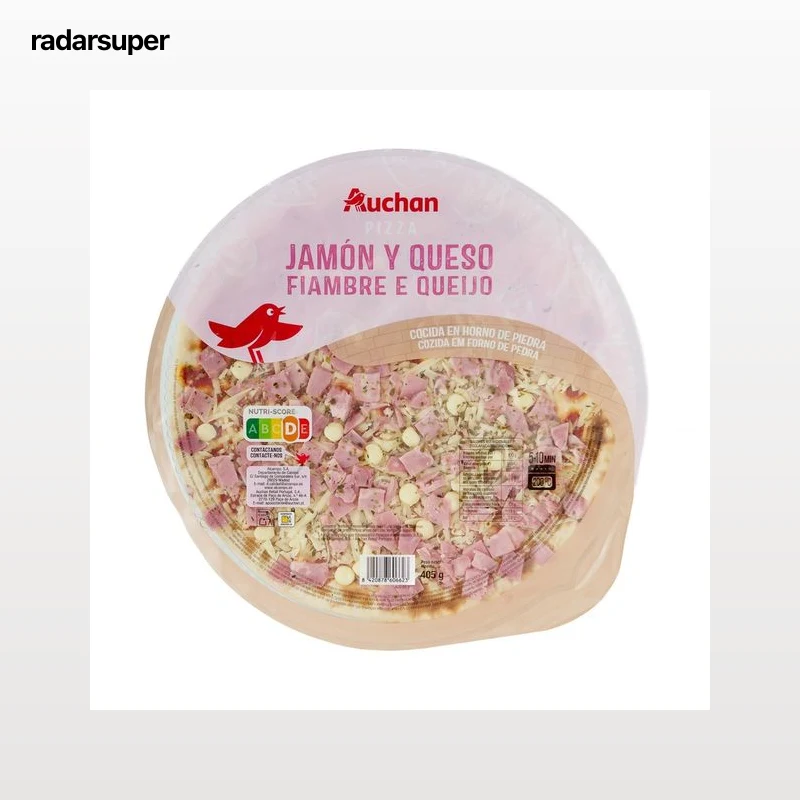 AUCHAN Pizza de jamón y queso cocida en horno de piedra 405 g. Producto Alcampo