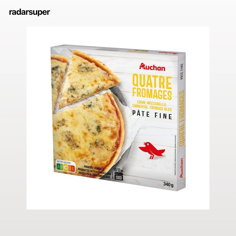AUCHAN Pizza de masa fina a los 4 quesos (Edam, Mozzrella, Emmental y Azul) 340 g. Producto Alcampo
