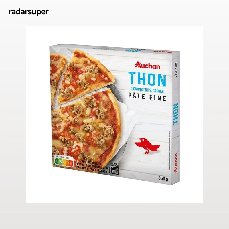 AUCHAN Pizza de masa fina con atún, cebolla frita y alcaparras 350 g. Producto Alcampo